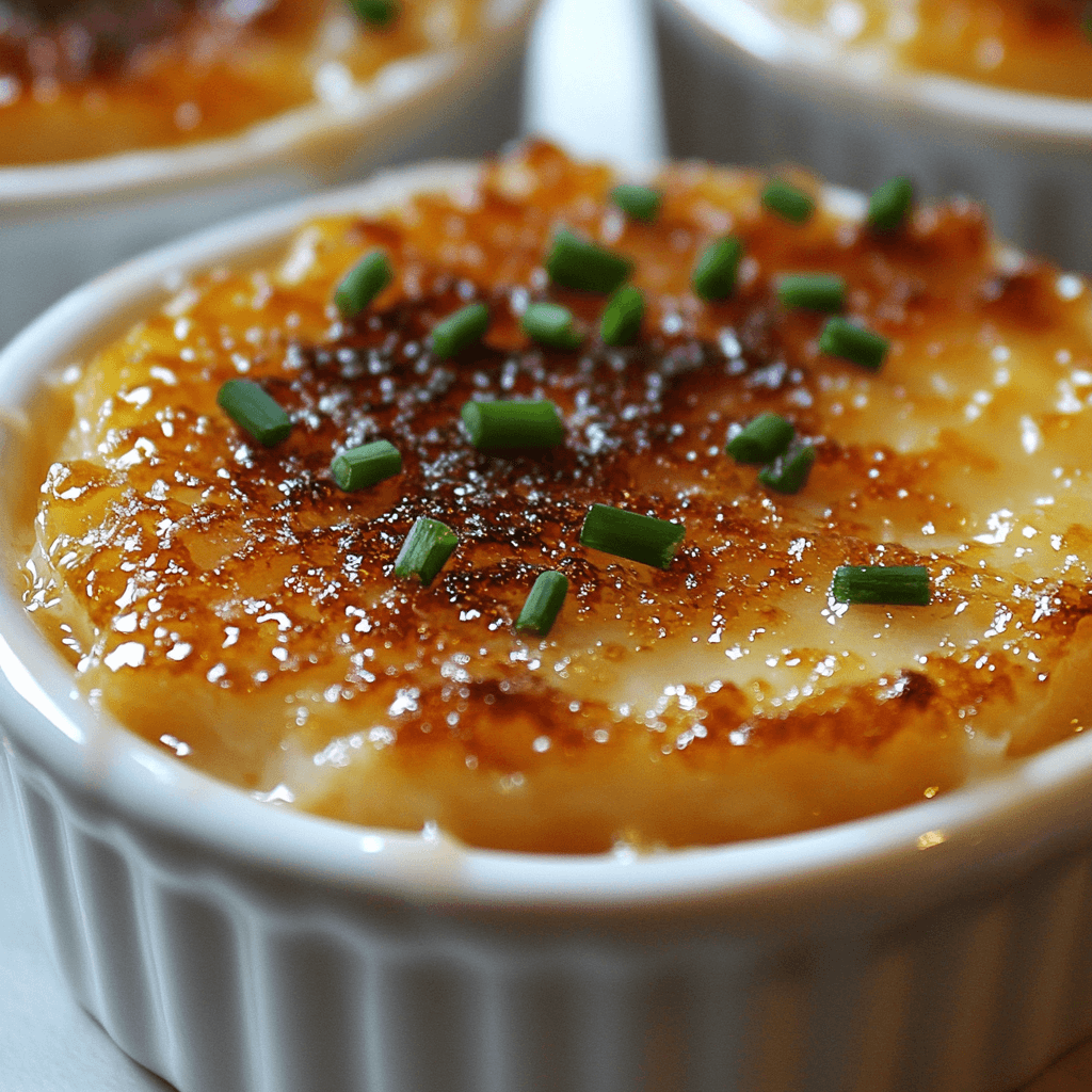 Crab Brûlée with caramelized sugar topping and garnished with fresh chives.