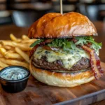 Gourmet blue cheese burger with melted blue cheese and bacon on a brioche bun.