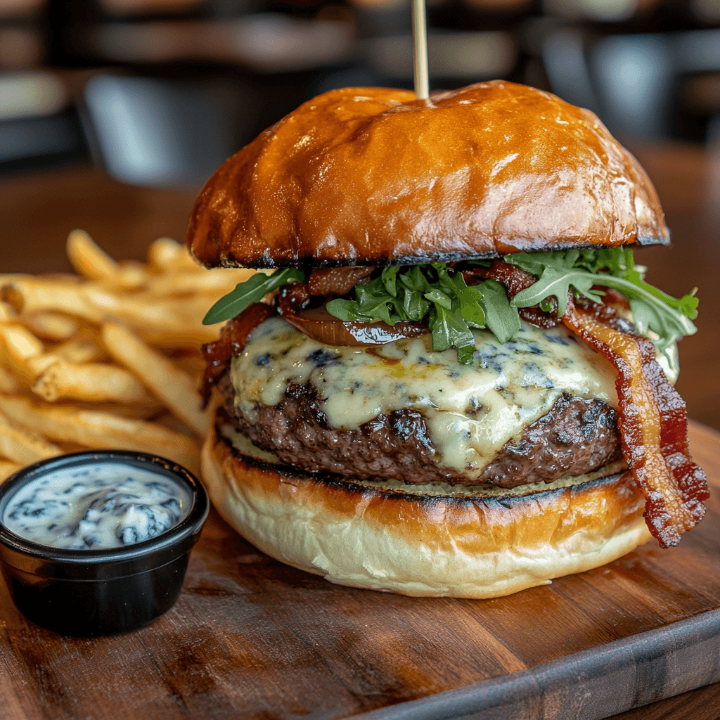 Gourmet blue cheese burger with melted blue cheese and bacon on a brioche bun.