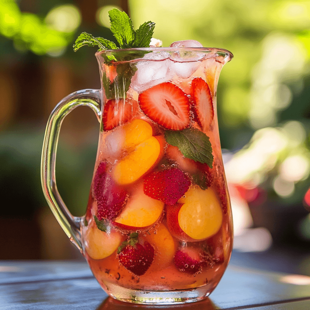 Refreshing Strawberry Peach Sangria with fresh fruit and mint in a glass pitcher