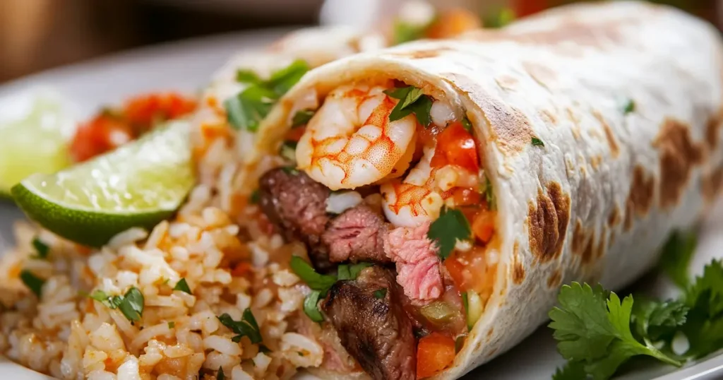 Plated Surf and Turf Burrito with tortilla chips and guacamole