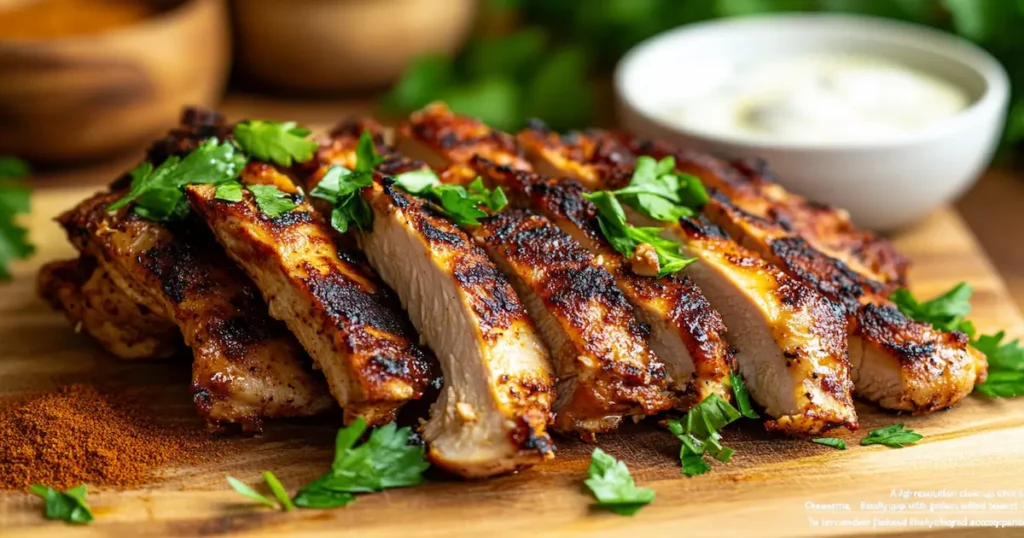 Authentic Lebanese Chicken Shawarma with charred grill marks