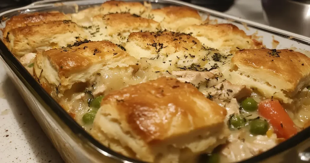 Delicious Chicken Pot Pie Casserole with Biscuits ready to serve