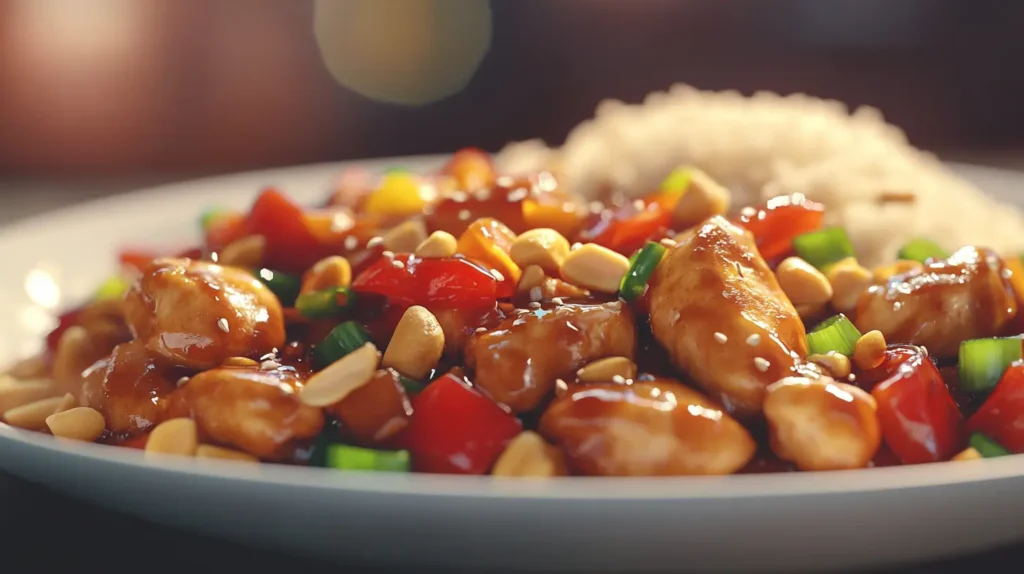 Kung Pao Chicken with juicy chicken, peppers, and peanuts served with rice.