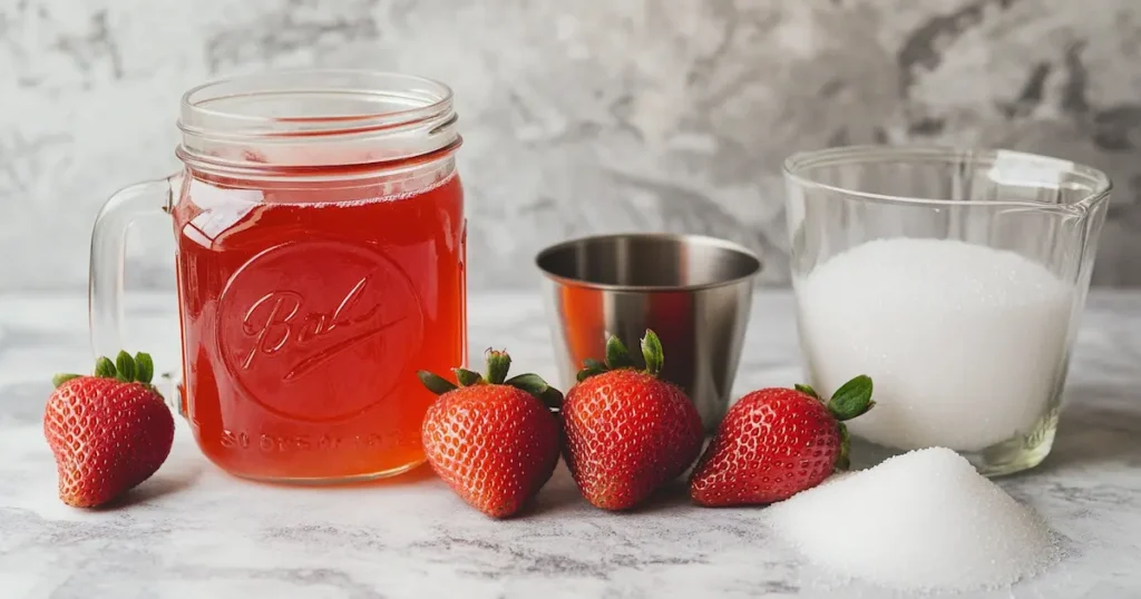 Ingredients for Strawberry Simple Syrup: Fresh Strawberries, Sugar, and Water