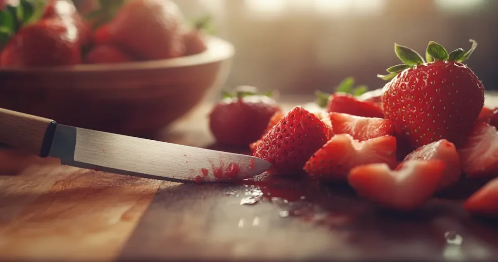 Fresh Strawberries Being Sliced for Strawberry Syrup
