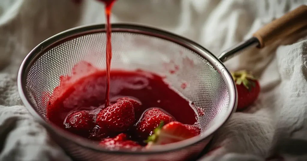 Straining Fresh Strawberry Syrup into a Glass Jar