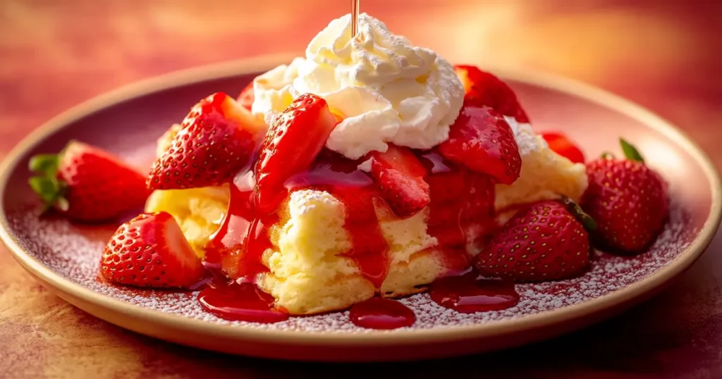 Pancakes with Strawberry Syrup, Fresh Strawberries, and Whipped Cream
