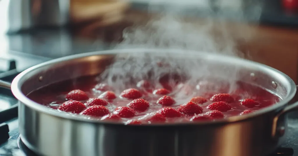 Simmering Strawberry Syrup in a Pot on the Stovetop