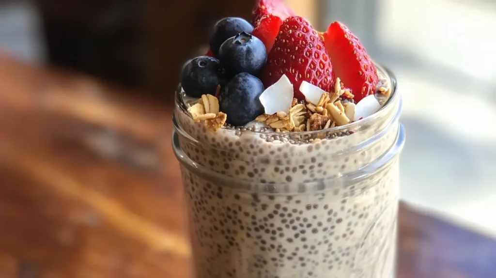 Chia pudding recipe with fresh berries, coconut flakes, and granola