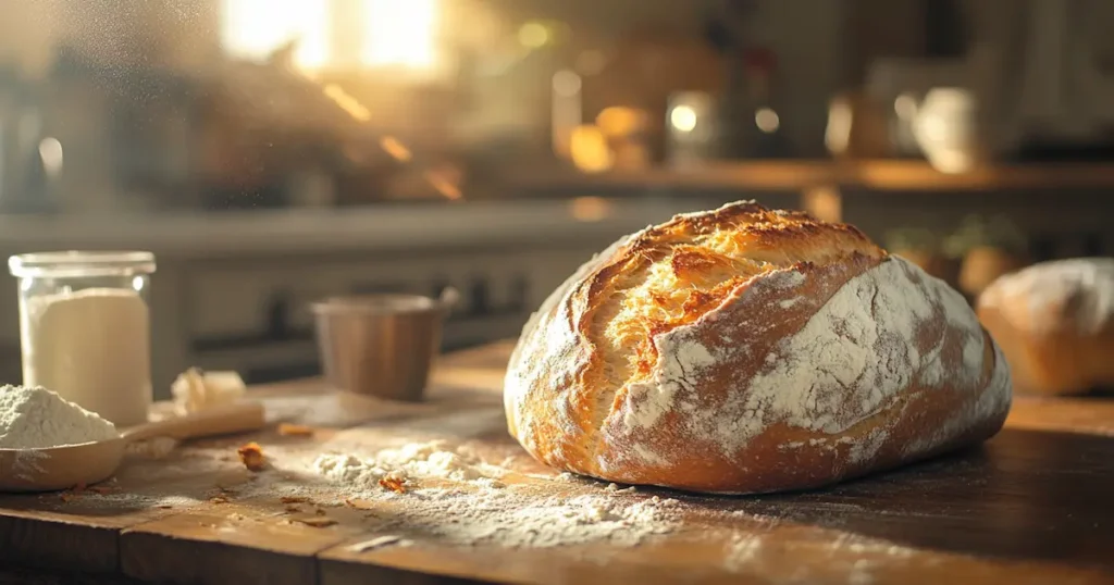 Freshly baked no knead overnight bread with a crispy crust and soft interior.