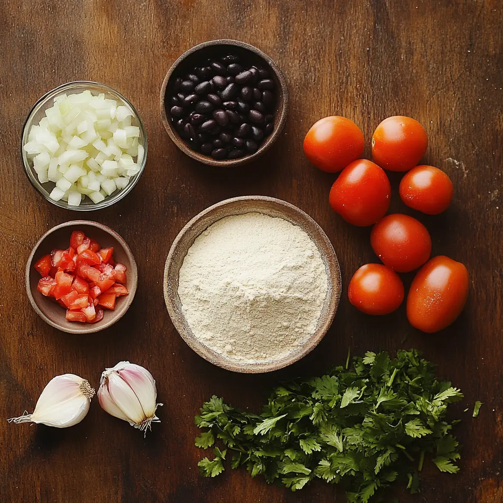 Ingredients for Natural Mounjaro Recipe: cassava flour, black beans, tomatoes, garlic, and parsley